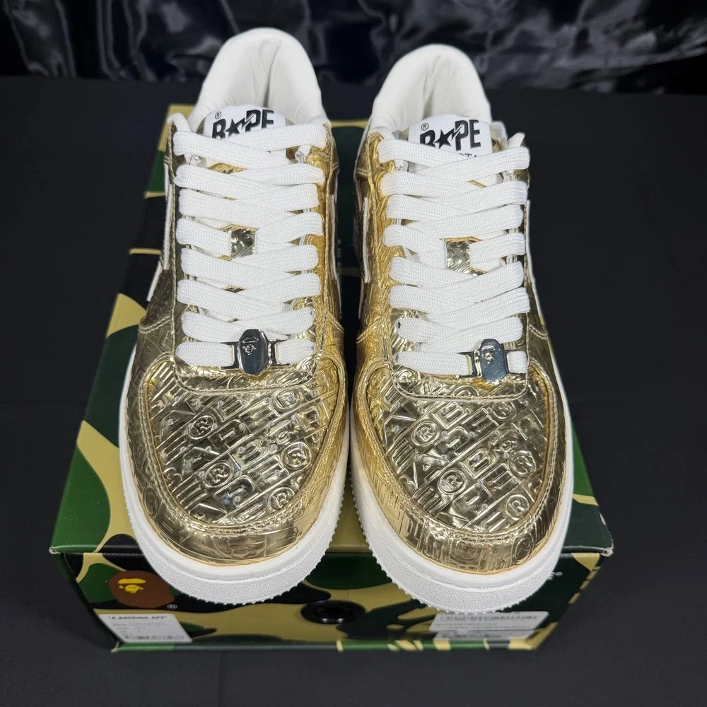 A Bathing Ape Bape Sta Gold Metallic Embossed Low Top Sneakers 1K80191305 Size 8